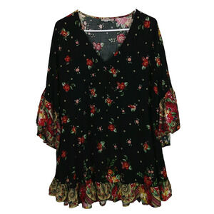 AVENUE Black Floral Tunic Top Blouse Size 22/24 Boho Ruffle Plus Size Summer